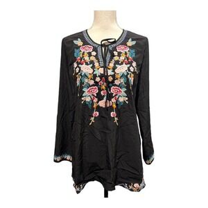 Faith & Zoe Embroidered Black Long Sleeve Tunic Top Women S Boho Hippie Festival